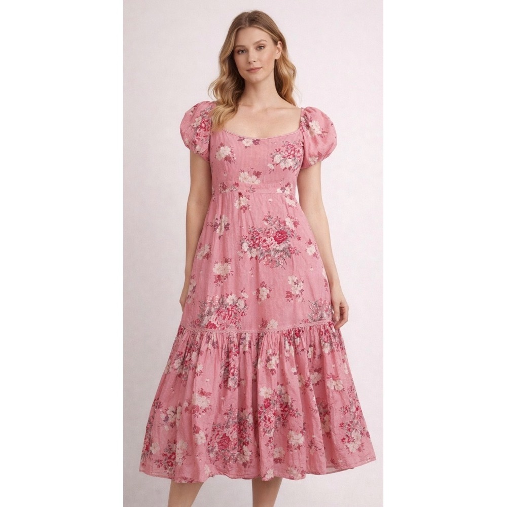LoveShackFancy Chintz Floral Maxi Dress Puff Sleeves Lace Trim Cotton Sz 8